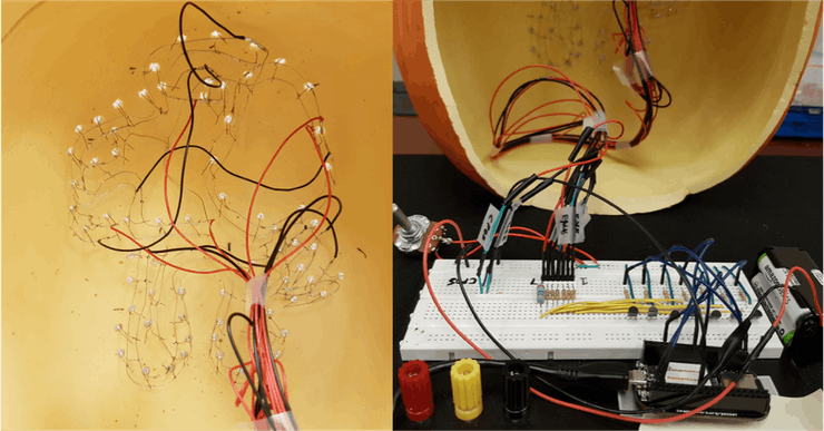 The inside view of the Pumpkin and PocketBeagle + Breadboard circuit assembly