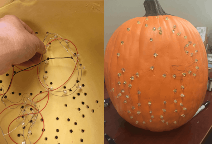LEDs being placed into the pumpkin holes. Outer view of pumpkin once LED placement was complete