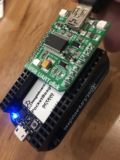 USB UART click connected to PocketBeagle