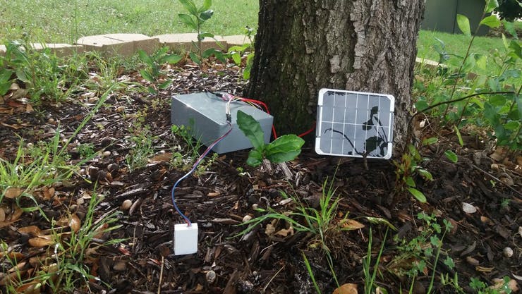 Example of wireless moisture sensor node installation with solar panel. 