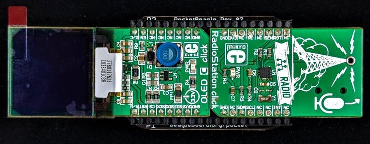 Example Click Boards™  plugged into BeagleBoard.org® PocketBeagle®