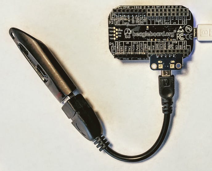 Connecting a USB device (flash drive) to the PocketBeagle.