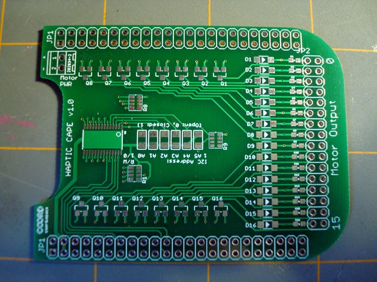 Here's the original Haptic Cape PCB as fabbed by SeeedStudio's Fusion service. Really nice quality for the price and turn-around time.