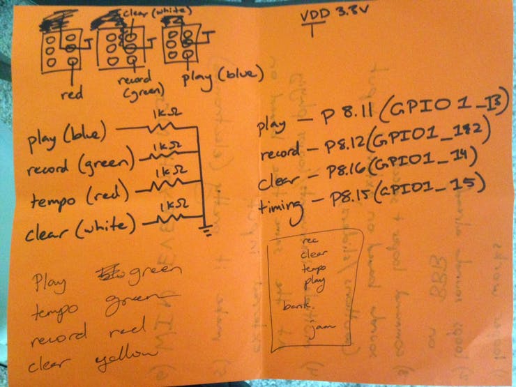 The schematic from the looper tutorial with future plans scribbled at the bottom.