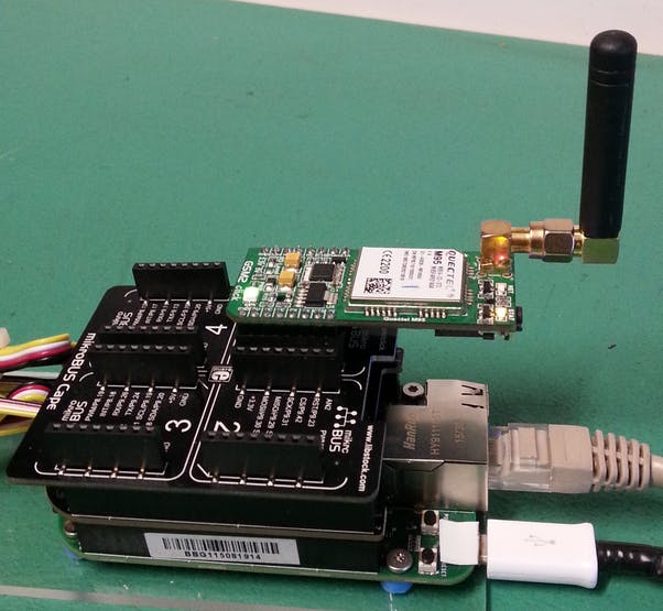 The GPRS Modem, GSM Antenna and MikroBus Cape connected