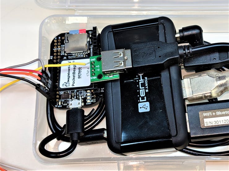 PocketBeagle connected to USB hub for power