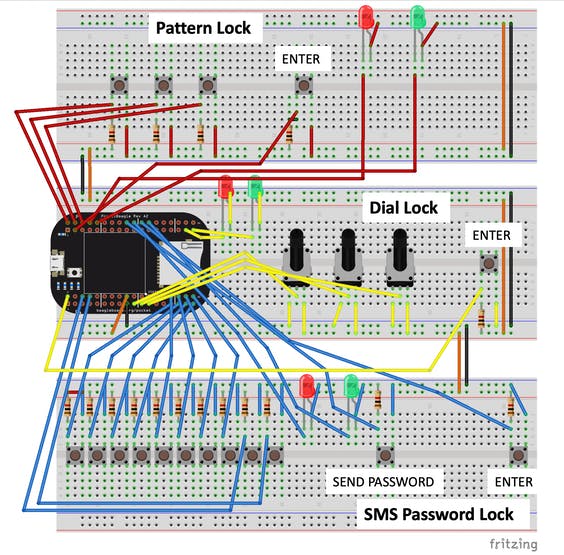 Fritzing Diagram of secuirty system -- each breadboard is a seperate layer of security